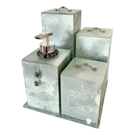 Kit Lavabo Banheiro Branco E Prata Trio De Potes 5 Peças