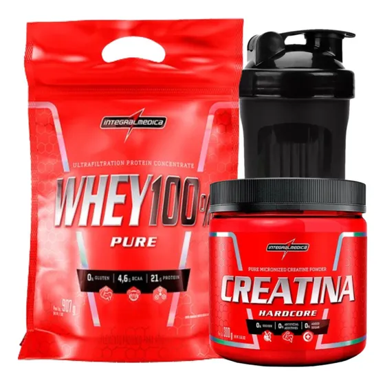 Whey 100% 900g + Creatina Integral Médica 300g +coqueteleira Sabor Morango