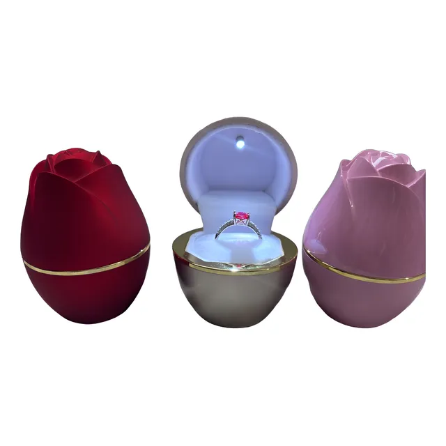 Estuche Caja Para Anillos Luz Led Cofre Forma De Rosa