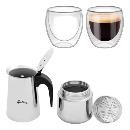 Set Cafetera Italiana Acero Inox Y Vasos Doble Vidrio Hudson Set Cafetera Italiana Acero Inox Y Vasos Doble Vidrio Hudson