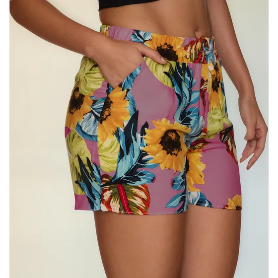 Short Feminino Florido C Bolsos Moda Verão Descontraído Sh26