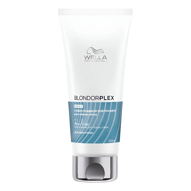 Embalagem em bisnaga branca do condicionador Wella Professionals Blondorplex de 200ml com detalhes em azul