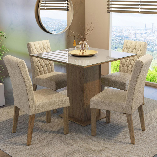 Sala Jantar Estofada Mesa Tampo Vidro 4 Cadeiras Madesa Anaju Rci Cor Rustic/crema/imperia... Sala Jantar Estofada Mesa Tampo Vidro 4 Cadeiras Madesa Anaju Rci Cor Rustic/crema/imperia...