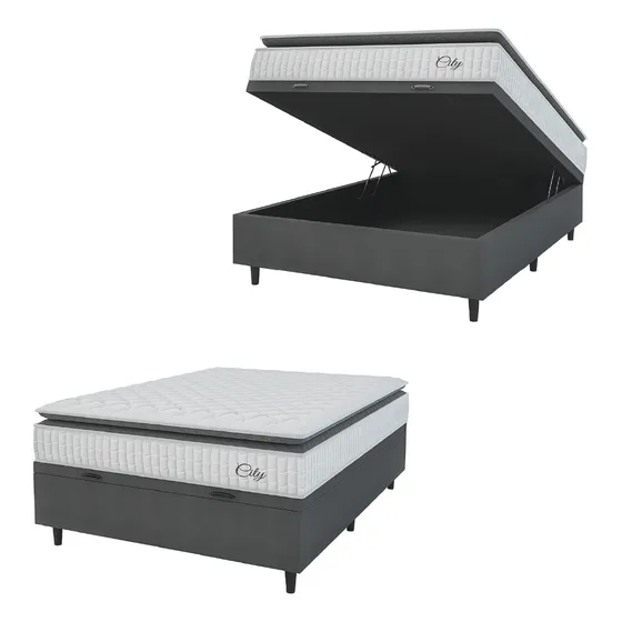 Cama Box Baú Colchão Casal Molas Ensacadas City Pillow Top 138x188x64cm Branco e Cinza Hellen Suporta até 110kg por Pessoa