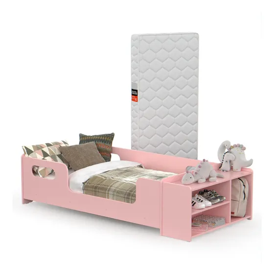 Rofemar Moveis Mini Cama Infantil Montessoriana com Colchão Juvenil e Sapateira para Quarto de Criança Menina Cor Rosa
