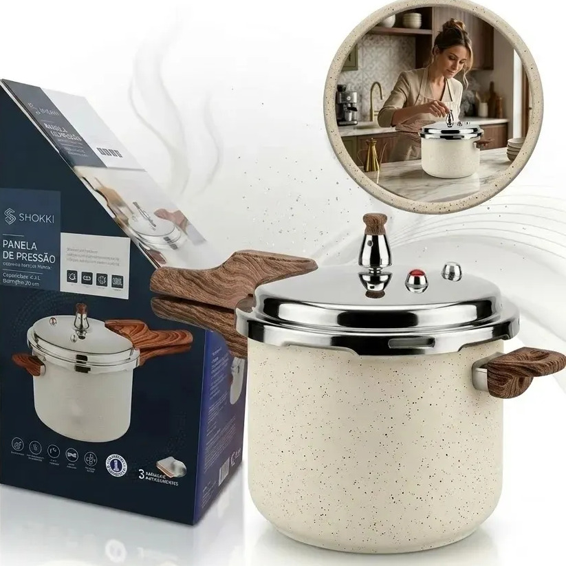 Panela de Pressão Shokki 4.2 L Creme, com Revestimento Cerâmico Antiaderente e Fundo de Indução Panela de Pressão Shokki 4.2 L Creme, com Revestimento Cerâmico Antiaderente e Fundo de Indução