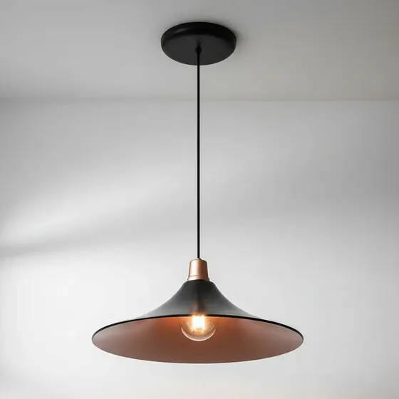 Lustre Pendente Modelo Chapéu em Alumínio Preto Com Cobre Ideal para Mesa De Jantar, Sinuca, jogos,