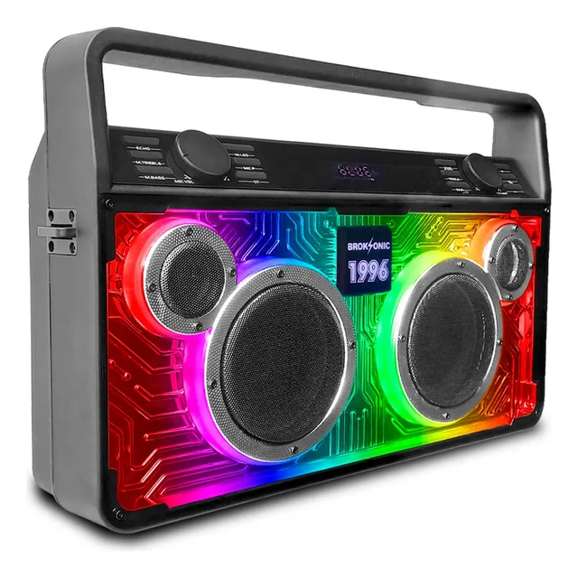 Bocina Portátil Bluethooth Retro 1996 Bt Suspensión De Aire 350W / USB, AUX, Micro SD / Broksonic Iluminación led Kamaleon Ecualización Tonos Agudo y Grave