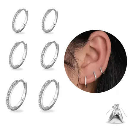 Kit Trio Argolas Cravejadas Zircônia Semijoias Banhadas À Prata 925 Luxo