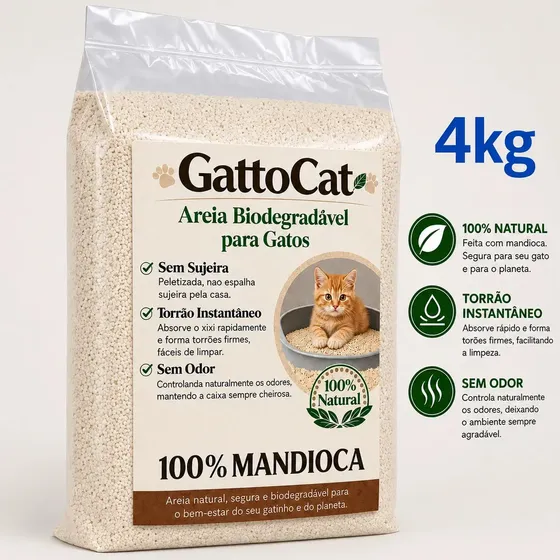 Areia Biodegradável 4kg Fina 100% Mandioca Sanitária Para Gatos Zero Odor Zero Poeira Torrão Instantâneo- GattoCat Limpeza Higiênica Descarte no Vaso Leveza Sem Rastro