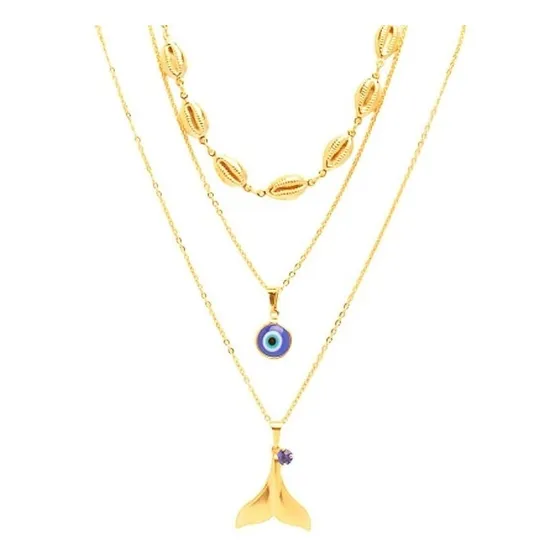 Colar Triplo Búzios Olho Grego Sereia Folheado A Ouro 18k Cor Dourado