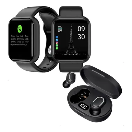 Relógio Smart Digital Masculino Feminino e Fone Sem fio Bluetooth Pulseira Preto Allphone