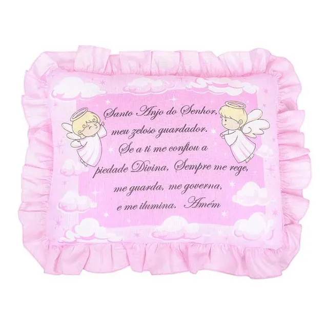 Travesseiro Bebê Oração Santo Anjo 28x35cm Luxo Com Babado