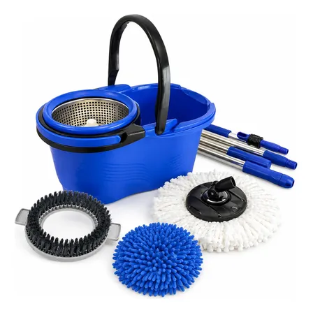 Mop Rodo Esfregão Giratório 360° C/ Balde 16l Inox E 3 Refis Azul