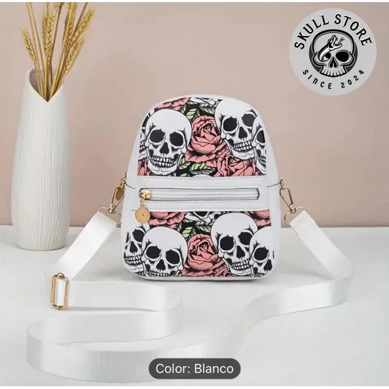 Bolso Blanco Calavera Y Rosas
