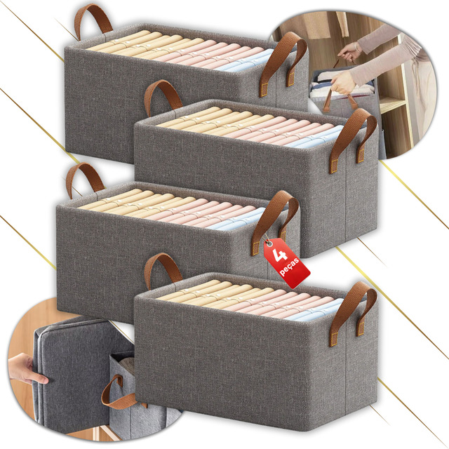 Kit 4 Caixas Organizadoras Auspin Dobrável Cinza Com Alças Poliéster Óh Céus