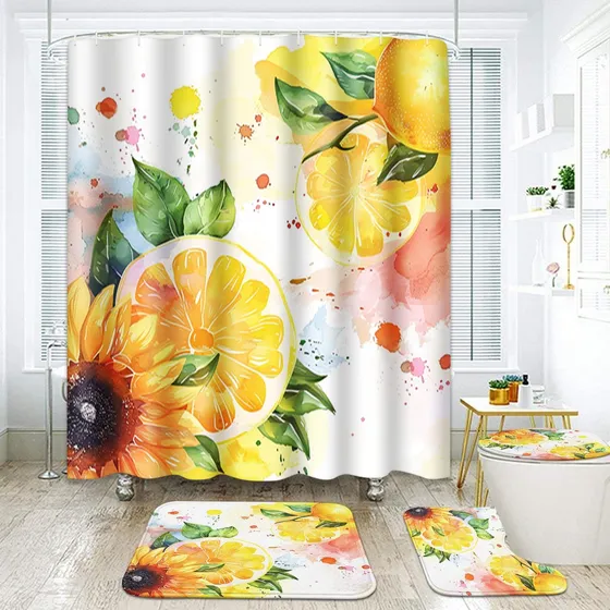 Baño Acuarela Amarillo Limon Cortina Ducha Alfombra