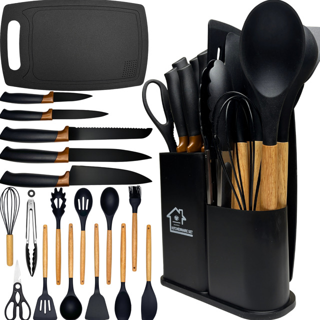 Kit Utensílios Silicone C/ Cabo De Madeira E Facas Em Inox Kit Utensílios Silicone C/ Cabo De Madeira E Facas Em Inox
