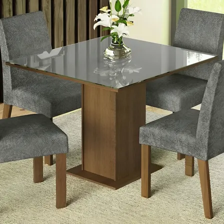 Sala Jantar Estofada Mesa Tampo Vidro 4 Cadeiras Madesa Anne Rcs Cor Rustic/Cinza/Silver MDJA040140F9SIL