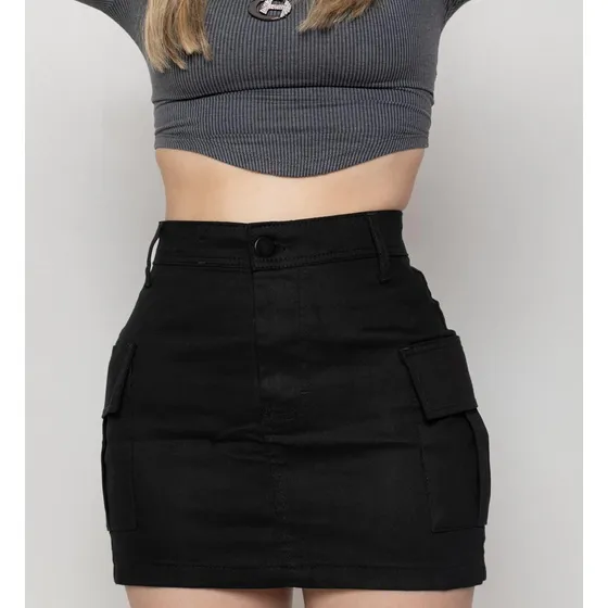 Saia Cargo Feminina Mini Jeans Algodão C/ Lycra