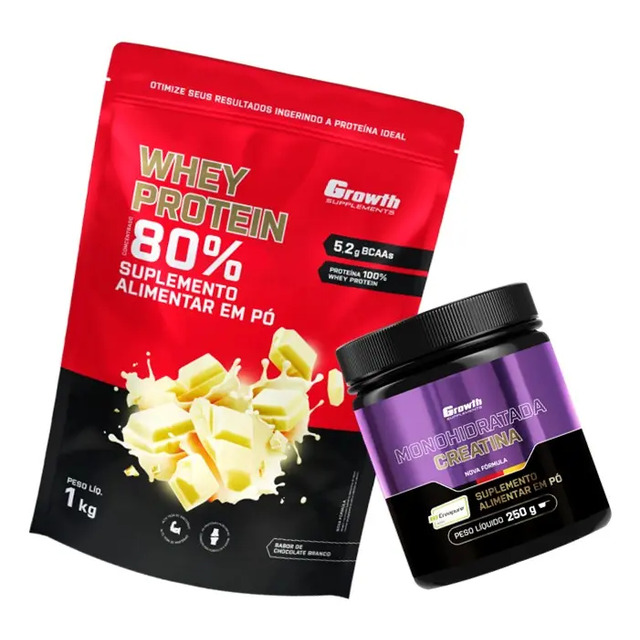 Kit Growth: Whey Concentrado Chocolate Branco 1kg + Creatina Creapure Sem Sabor 250g