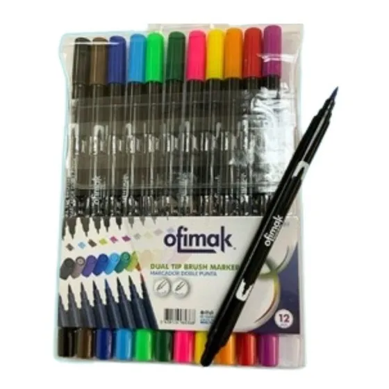 Marcadores Doble Punta(pincel Y Extrafina) 12 Colores Ofimak