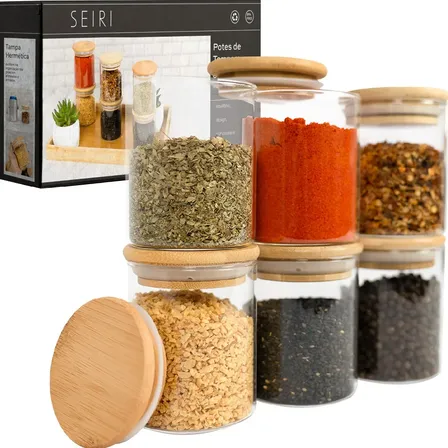 Kit 6 Potes Vidro Borossilicato Hermético Tampa Bambu Cozinha Seiri Transparente