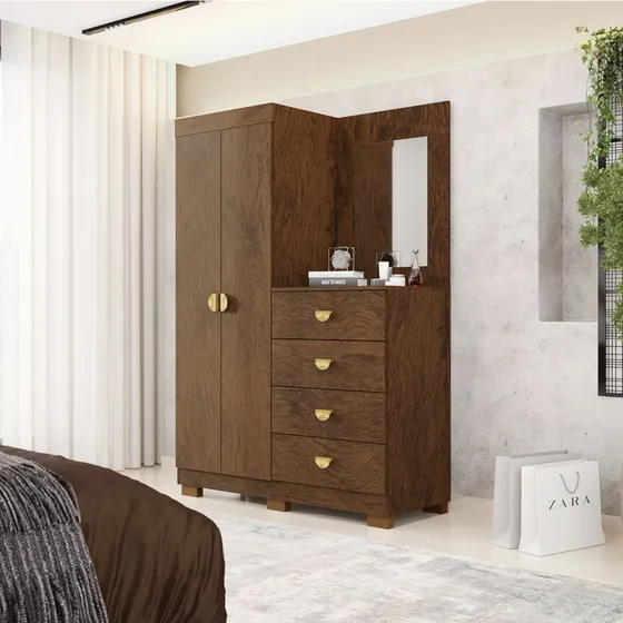 Guarda Roupa Cômoda Com Espelho 120cm Cristal Imbuia Rústico