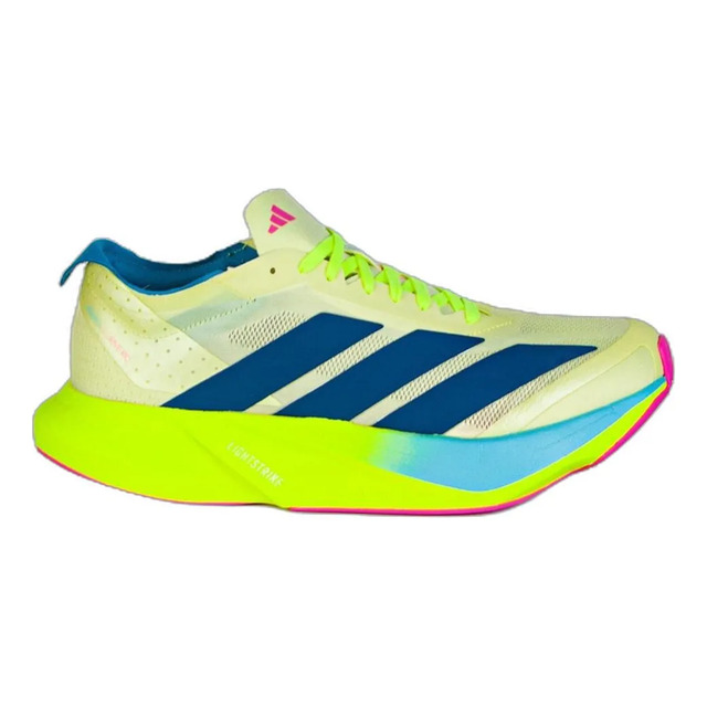 Tênis Adidas Adizero Drive RC masculino na cor amarelo neon com detalhes em azul e rosa, visto de perfil lateral.