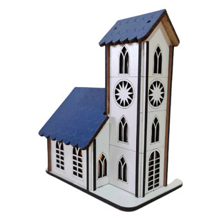 Igrejinha De Natal Em Mdf Branco E Azul Com Iluminação Igrejinha De Natal Em Mdf Branco E Azul Com Iluminação