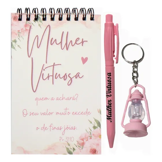 Kit 10 Lembrancinhas Caderneta Mulher Virtuosa Chaveiro Rosa