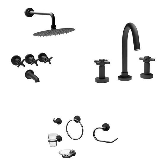 Combo Baño Negro  Lavatorio Ducha Cierre Ceramico Accesorios