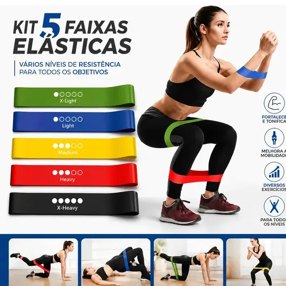 Kit 5 Faixa Elástica Super Mini Band para Exercícios Treinamento Fisioterapia 5 Níveis de