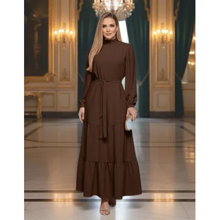 Vestido Longo Feminino Manga Longa Gola Alta Evangélico Luxo