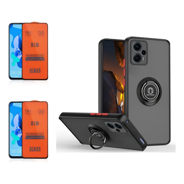 Case Funda Hardness Ring Negro Para Xiaomi Poco F5 + 2 Micas
