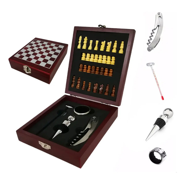 Kit Abridor De Vinho 4 Peças Com Jogo De Xadrez Maleta