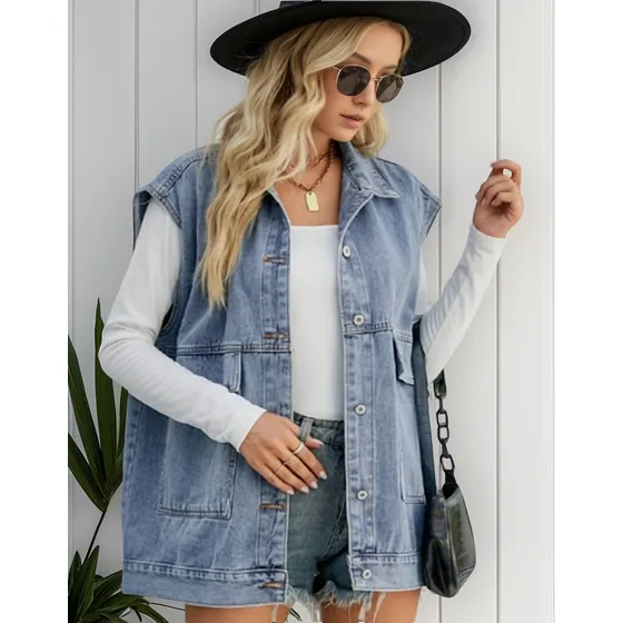 Chaleco De Mezclilla Dama Plus Size Clásico Bolsillo Grande