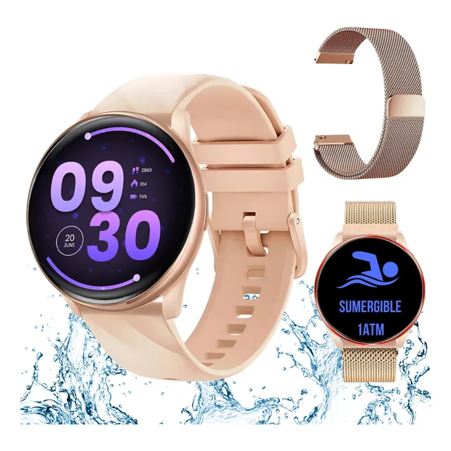 Reloj Inteligente Sumergible Smartbit W1 Pro Rose Gold Smartwatch Resistente Al Agua Redondo Elegante Llamadas Mensajes Deportivo Compatible Con Android E Ios Bluetooth Digital Doble Malla