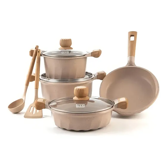 Juego De Olla Roca Volcanica Antiadherente 9pcs 100% Ecolog. Color Crema | Cuotas sin interés