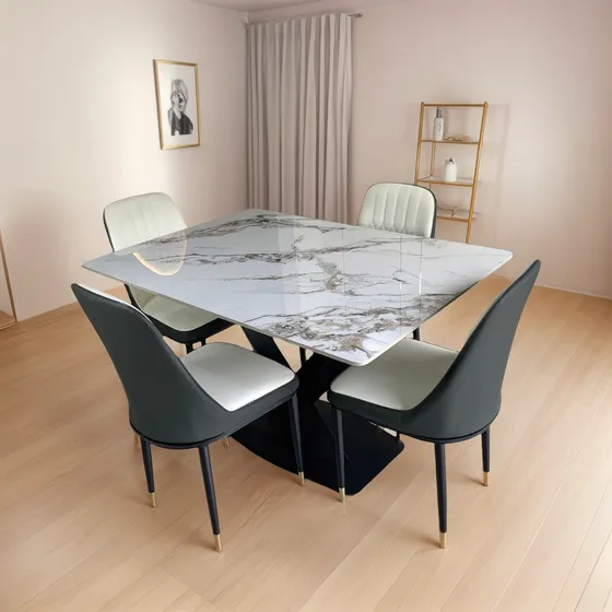 Comedor Montessori 4 Sillas Mesa Piedra Marmol Base Metalica