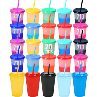 30pzs Vasos Magicos Cambian De Color Con Tapa Y Popote 710ml Diez Colores