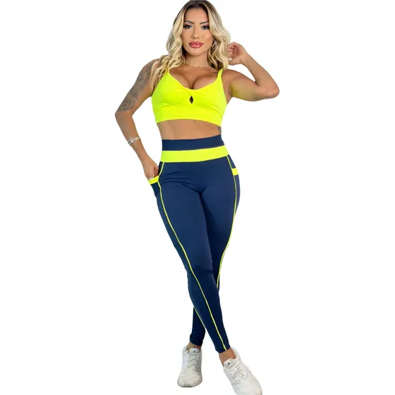 Conjunto Fitness Calça Com Bolso  Detalhes Neon