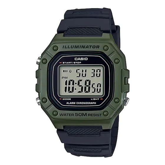 Reloj de pulsera Casio Youth W-218H-3AV de cuerpo color verde, digital, para hombre, fondo gris, con correa de resina color negro, dial negro, minutero/segundero negro, bisel color verde, luz ámbar y 