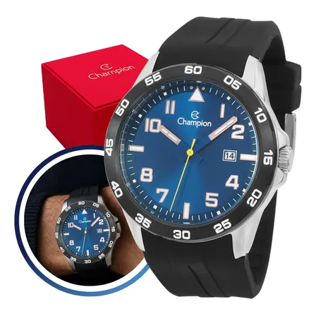 Relógio Champion Masculino Esportivo Para Homem Com Fundo Azul E Pulseira De Silicone Preto