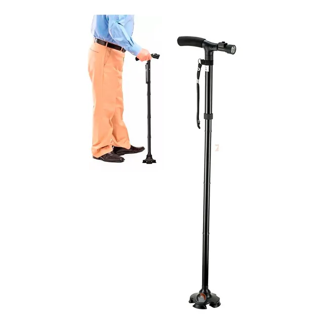 Bastón Plegable Ajustable Con 5 Niveles De Altura Y Linterna Color Negro
