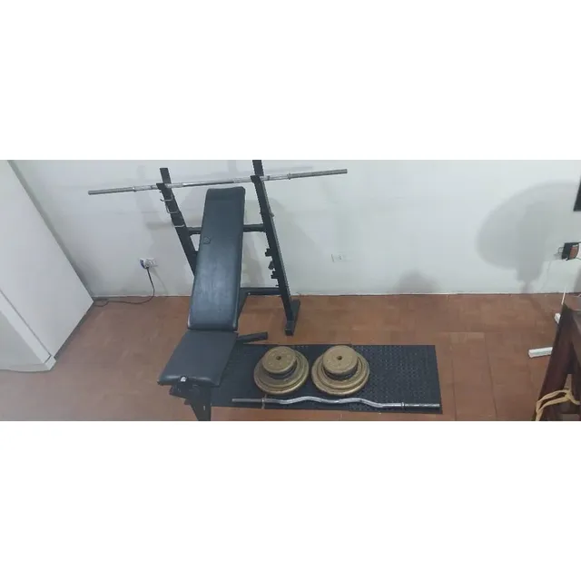 Gym Banco Pesas +90kg En Discos + Barra Z Y Larga +alfombras