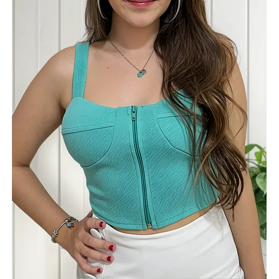 Cropped Regata Alcinha Com Bojo E Ziper Na Frente