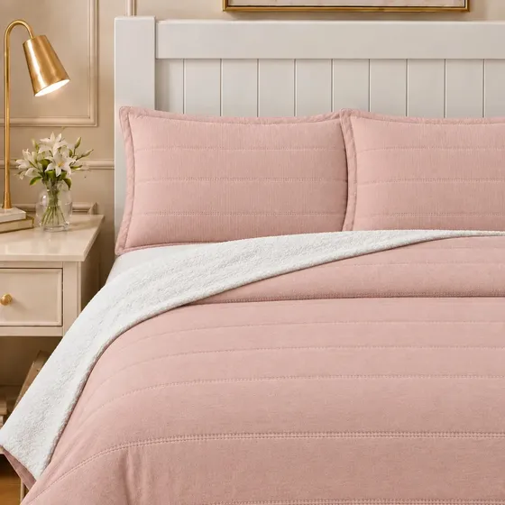 Cubrecamas Sherpa Cobertor Quilt Color Rosa 1.5 Plazas Incluye 1 Funda Almohada Calentito Invierno Peludito Suave Textil