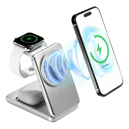 Carregador Sem Fio 3 em 1 com Certificação Qi2 e 22.5W, Suporte de Mesa para iPhone17/16/15/14/13/12/11, Apple Watch e AirPods (Branco)