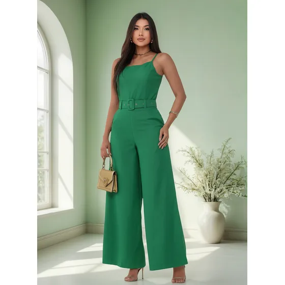 Macacão Feminino Pantalona Longo Com Cinto Alfaiataria